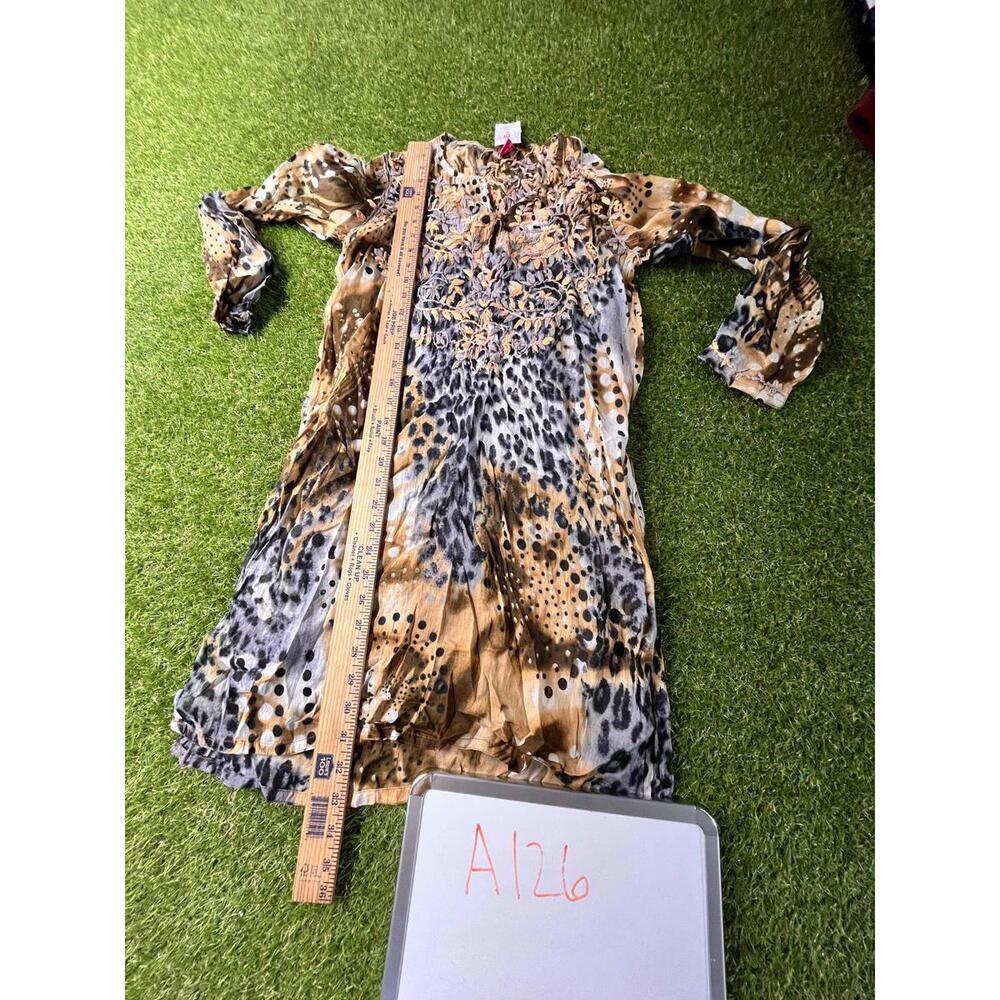 Raj tunic Women's Medium Embroidered Cotton Dress Cheetah Animal‎ Print